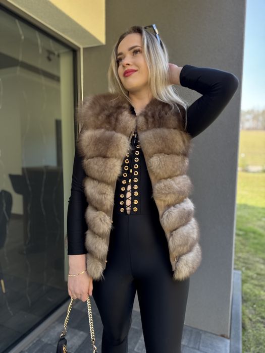 Futro naturalne z lisa 3 w 1 brązowe ombre kamizelka płaszcz 100% xs/s