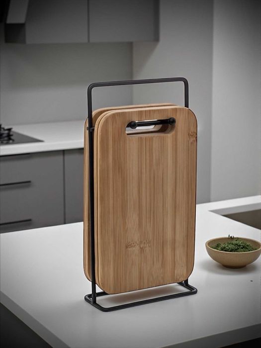 Elegancki Zestaw 4 Desek Bambusowych + Metalowy Stojak, Wytrzymałe