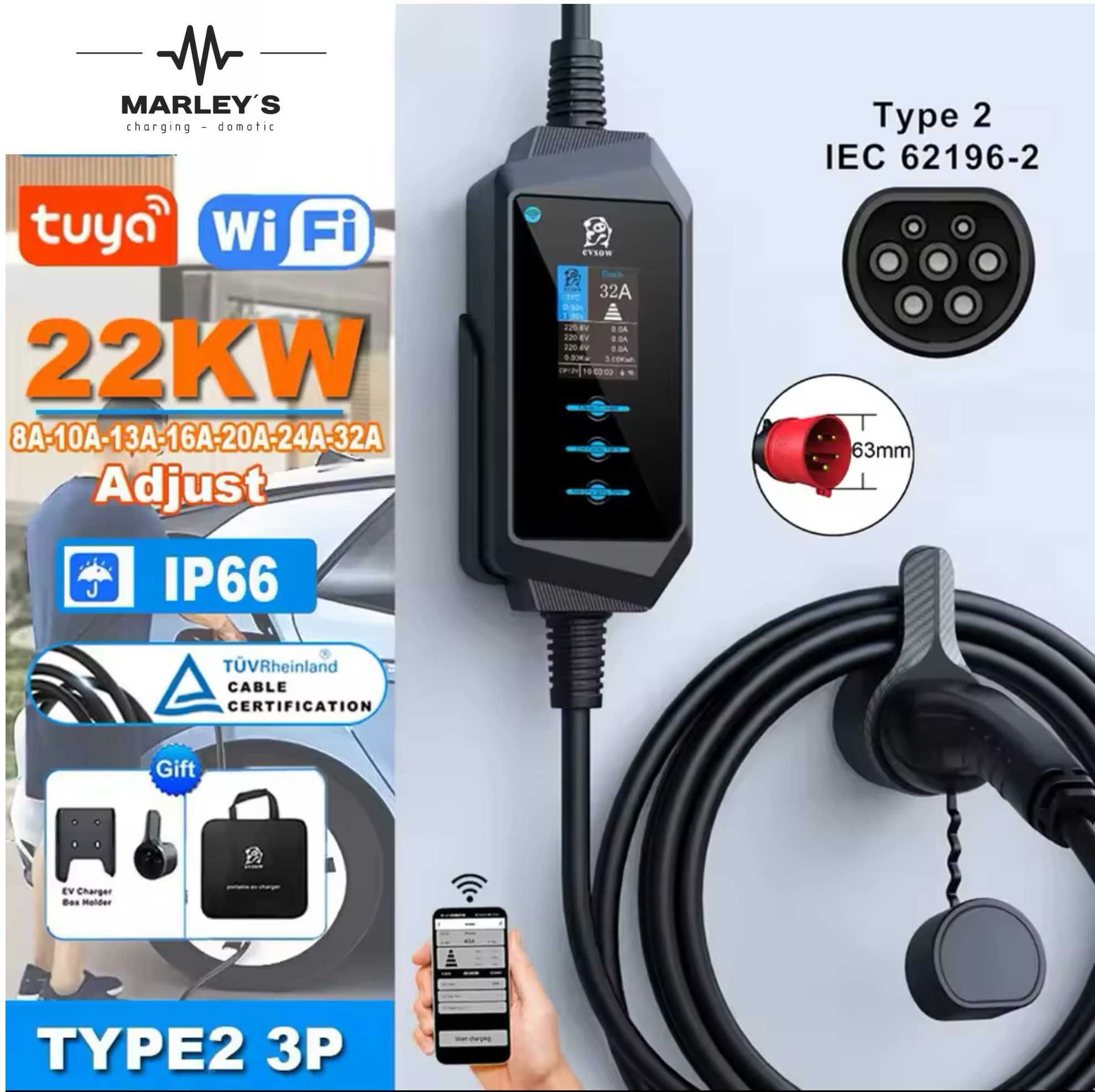 Carregador Portátil 22 kw - 32A - Trifasico c/APP -Eletricos/ Hibridos