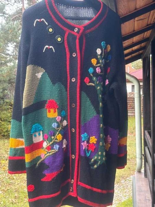 Kolorowy sweter unikat hand made kwiaty domki