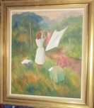 Stary obraz olejny Socrealizm Sygnatura artysty Kobieta z praniem XXw.