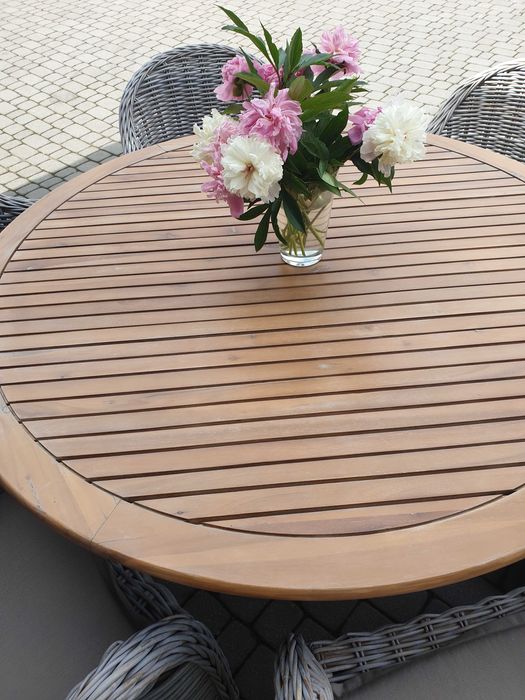 Meble ogrodowe 6 foteli z naturalnego rattanu + stół z drzewa tekowego