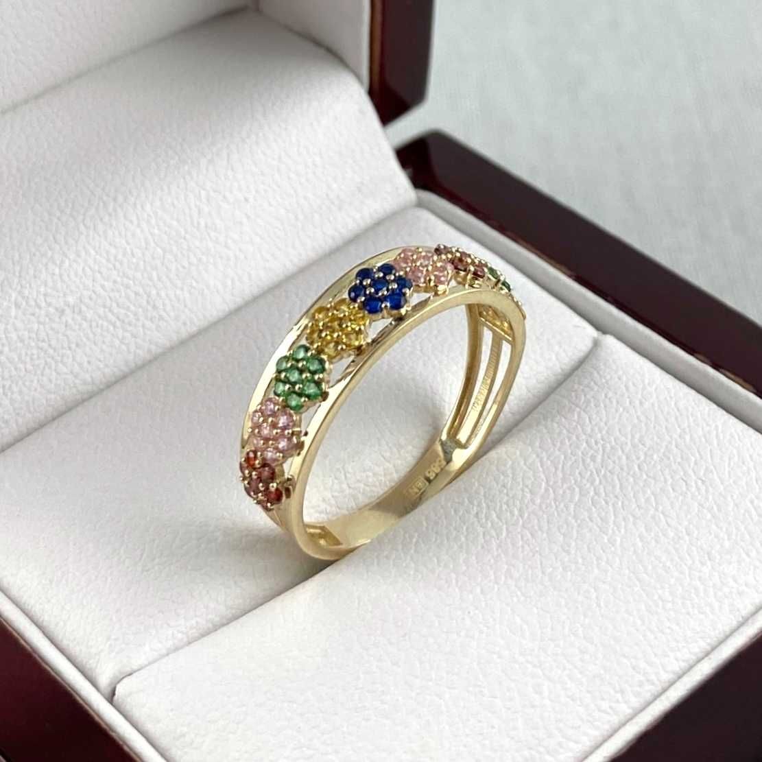 ZŁOTY pierścionek z barwnymi cyrkoniami PR. 585 (14K) rozmiar 18