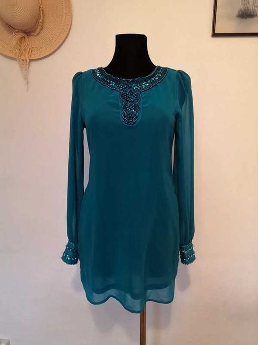 Błękitna morska długa bluzka tunika z koralikami