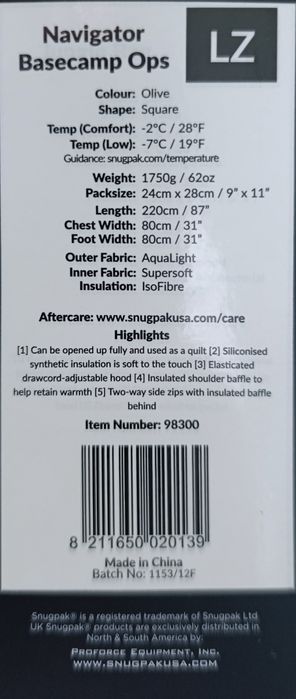 Спальный мешок Snugpak Basecamp Navigator SQ, Olive LZ.  Розмір 80/220