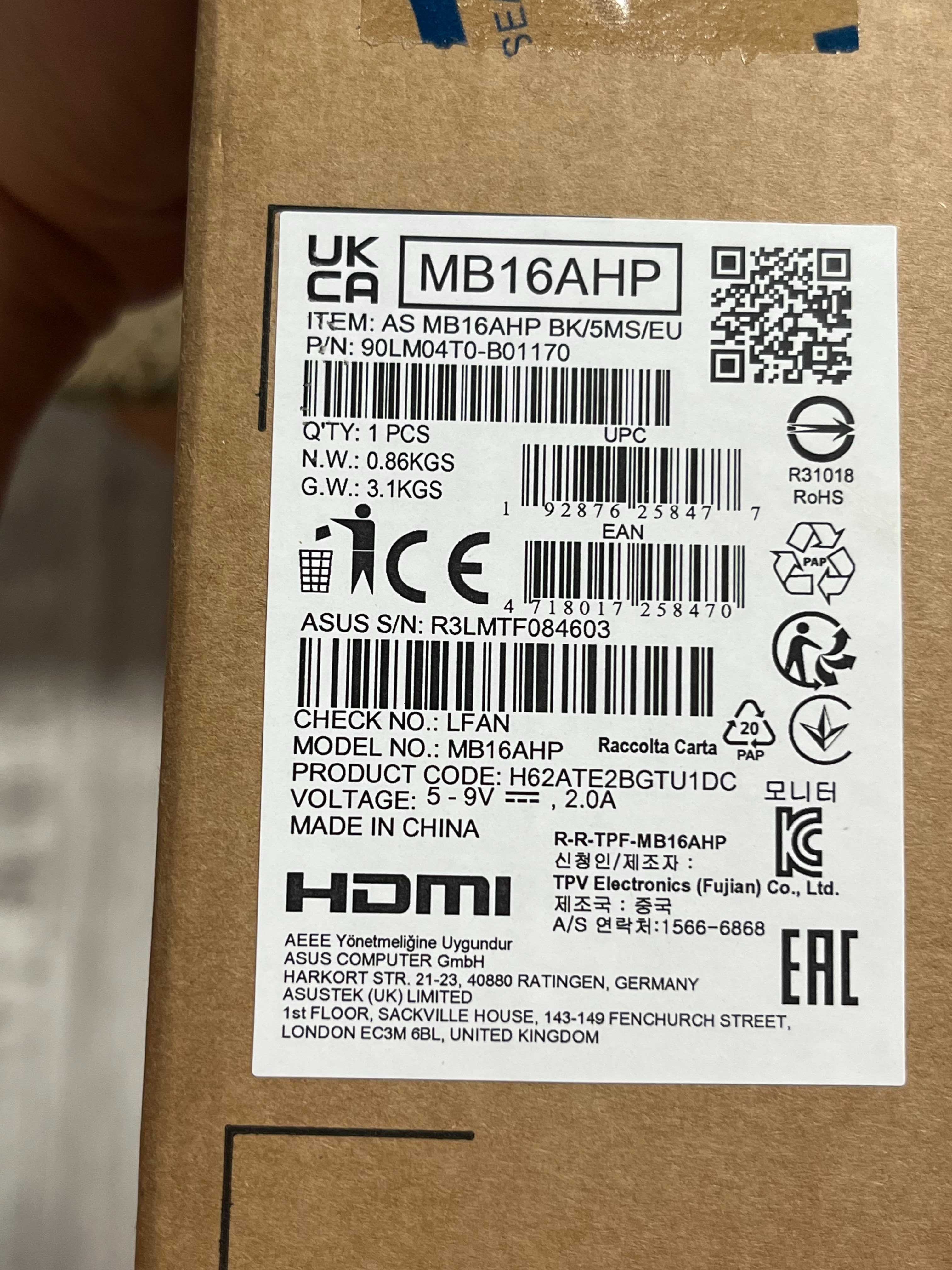 Портативний монітор Asus ZenScreen GO MB16AHP
