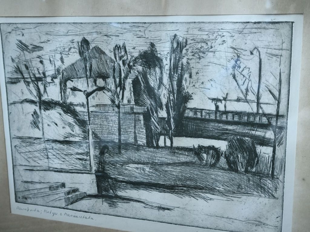 Elżbieta Bors 1960 grafika Akwaforta Warszawa Motyw z Mariensztatu PRL