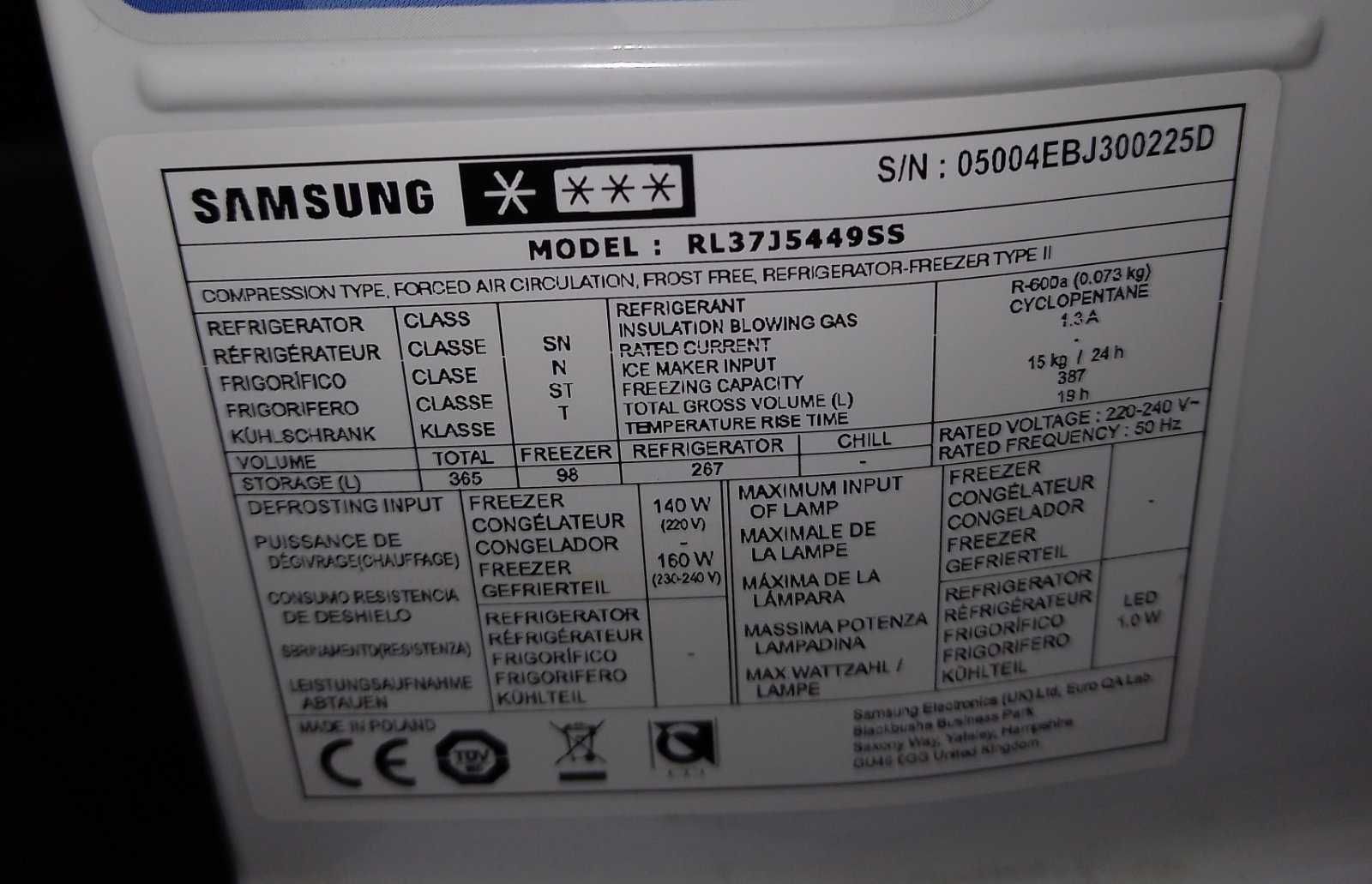 Холодильник А3+ h 2,01 м, режим отпуска, No Frost, Samsung RL37J5449SS