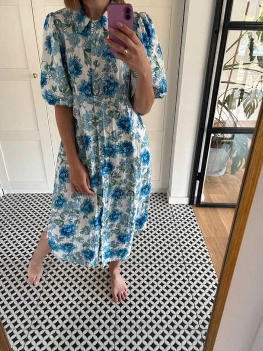 Reserved lniana kolorowa sukienka midi w kwiaty L/XL
