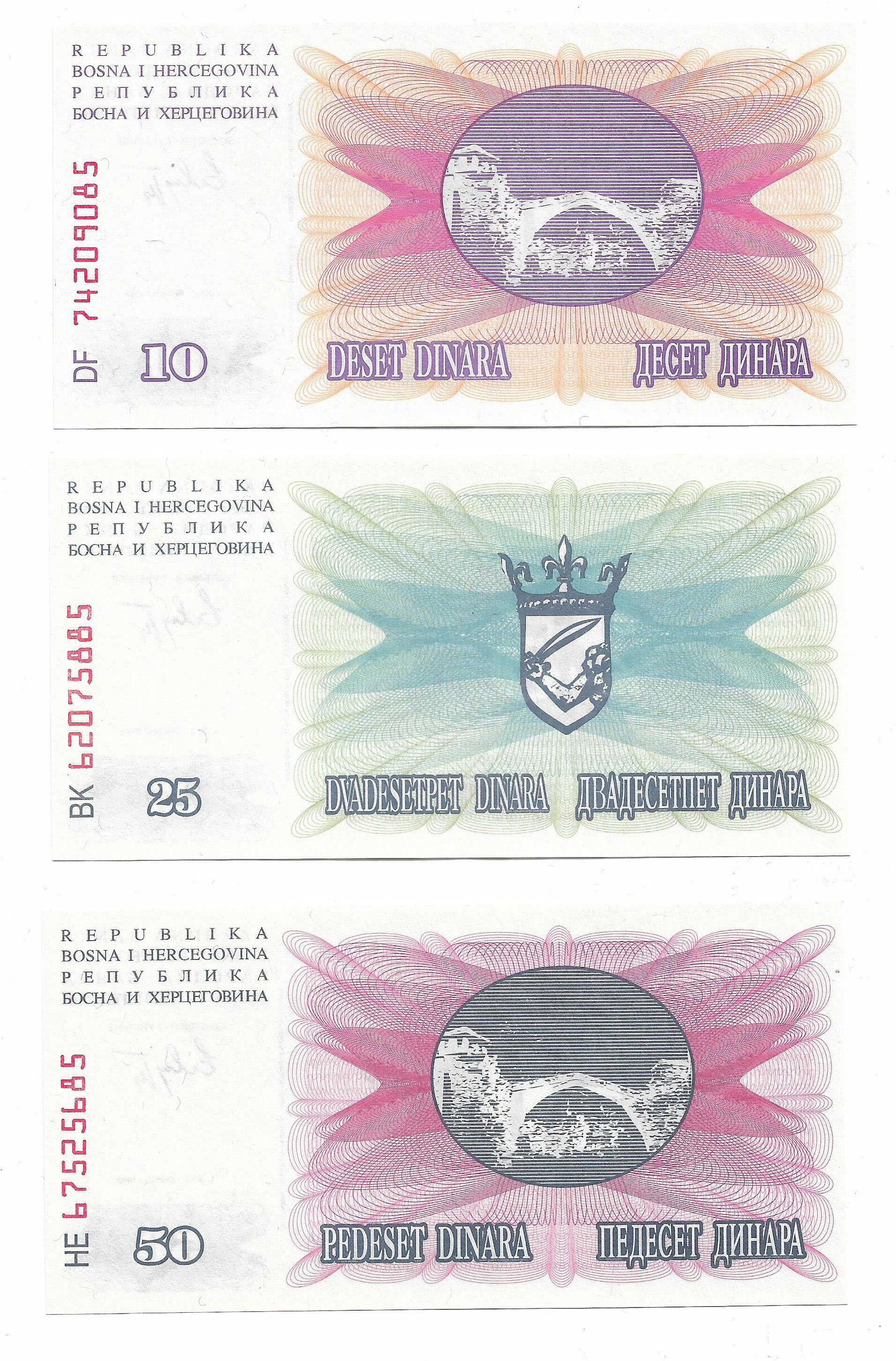 SET DE 6 NOTAS NOVAS DA BOSNIA 10 DINAR A 1000 DINAR DE 1992