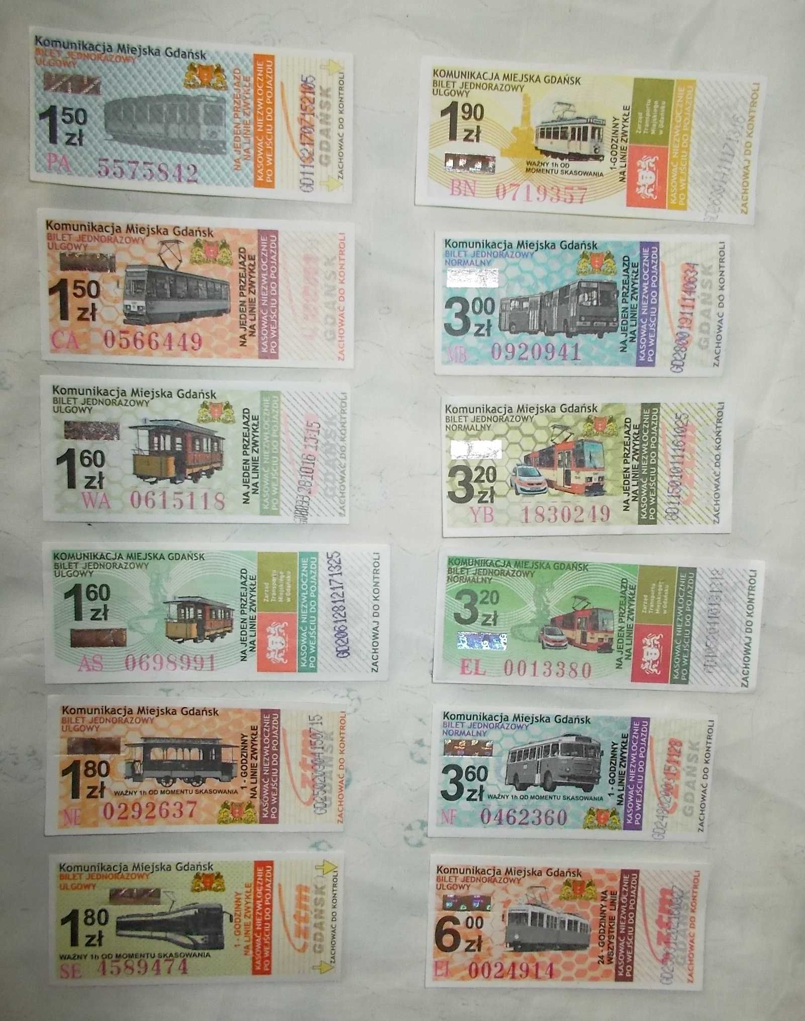 Bilety ZTM Gdańsk - kolekcja 12 szt. - każdy inny (2014r.)