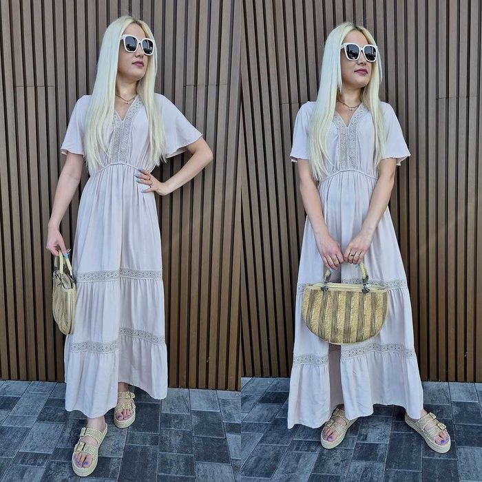 Beżowa maxi letnia sukienka boho M na wakacje na urlop bawełniana