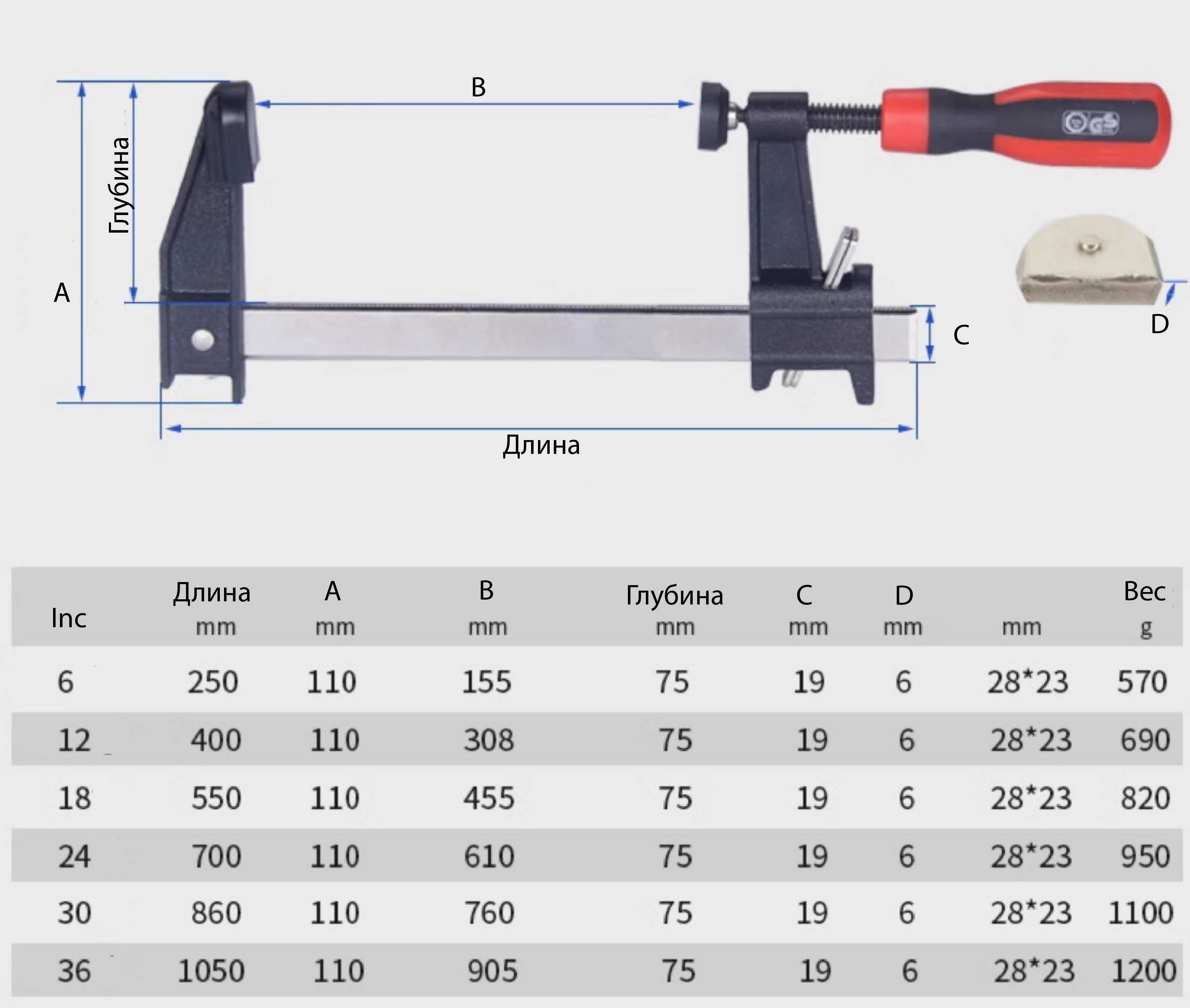 Струбцина F-образная 60x250мм 400. 550. 700. 860. 1050 (Fatmax)