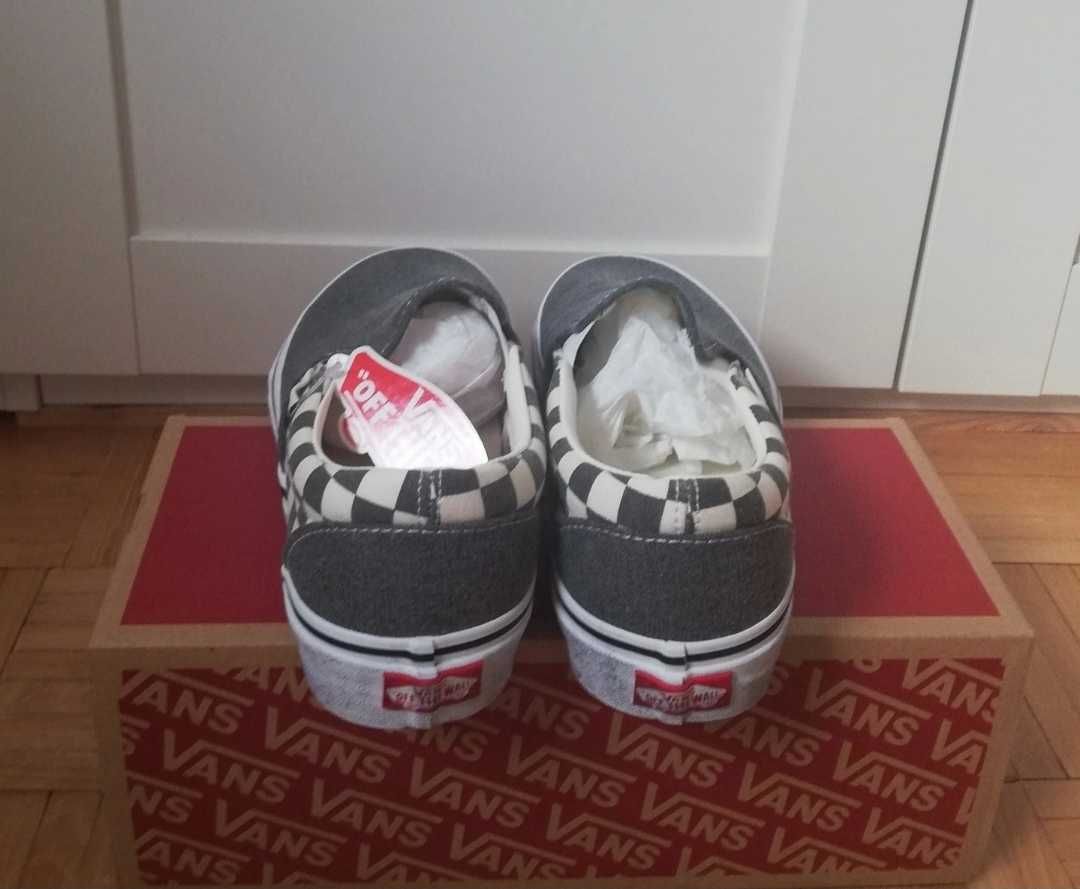 Buty sneakersy Vans slip-on, r. 40.5, szary, bialy, krata.