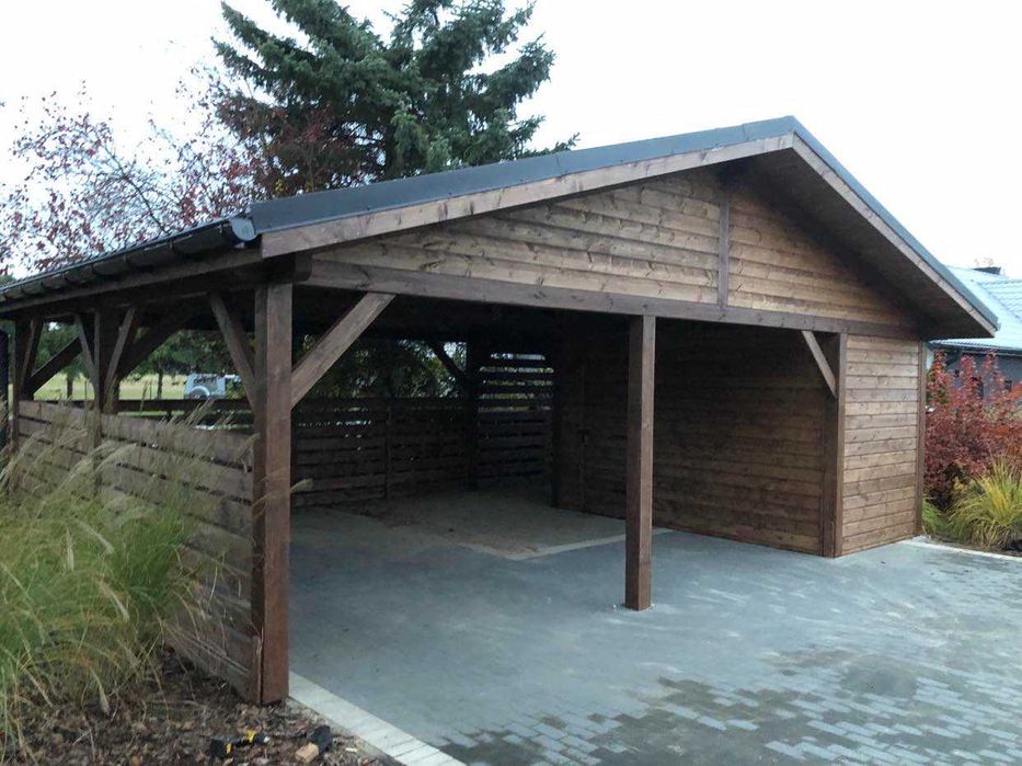 Wiata garażowa z domkiem ogrodowym