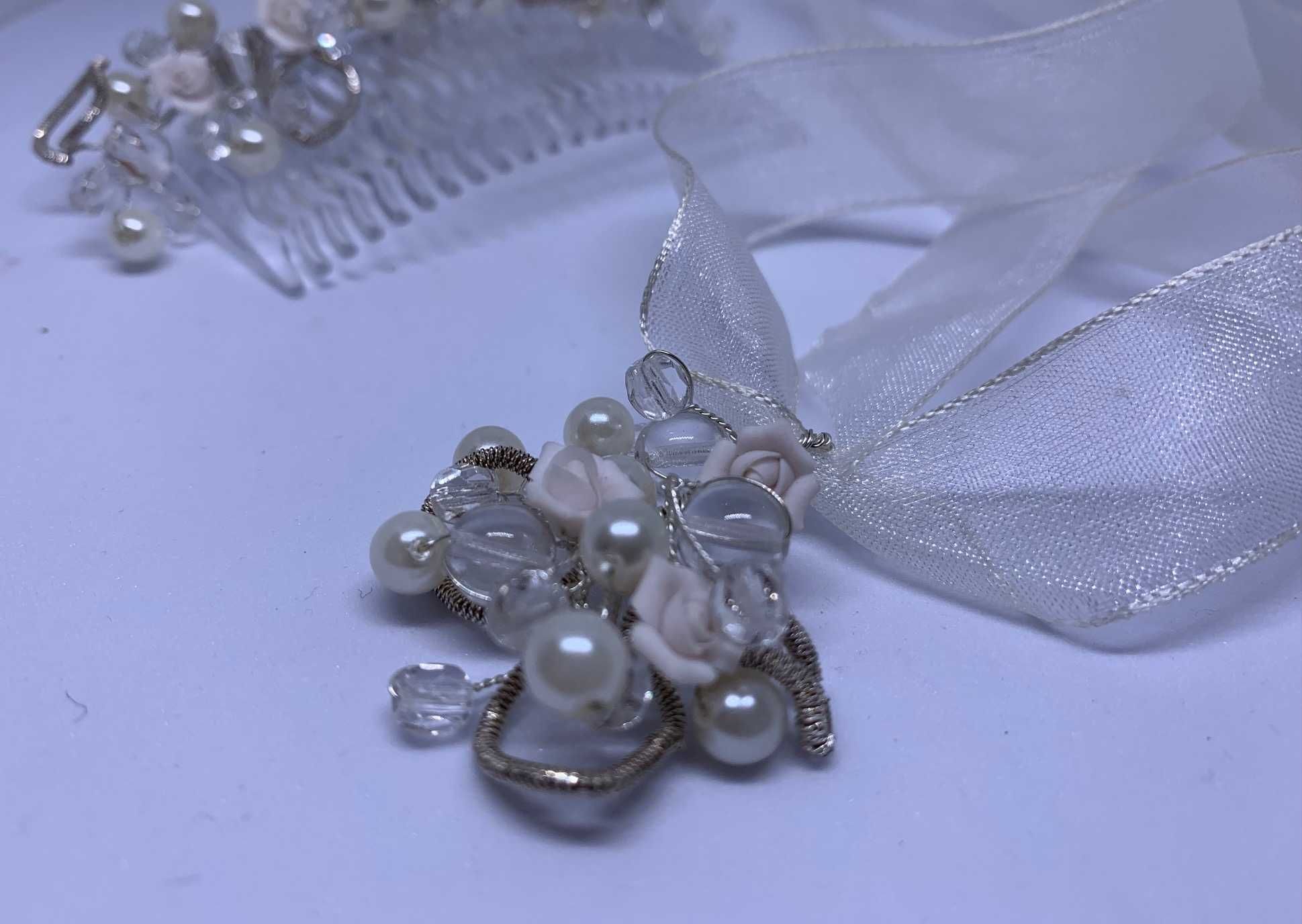 komplet ślubny handmade grzebyk choker róże perły kryształy urok