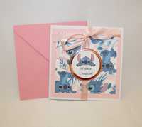 Kartka na urodziny dzieci Lilo i Stitch Sticz z bajki różowa niebieska