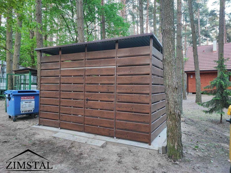 Wiata śmietnikowa schowek  4x4 kolor orzech panele ażurowe