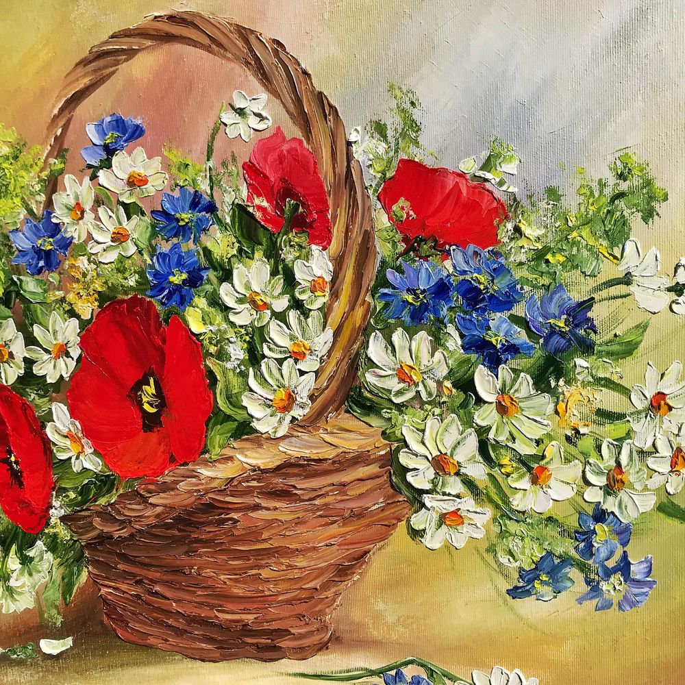 Картина Кошик польових квітів, маки, ромашки, картина маслом,