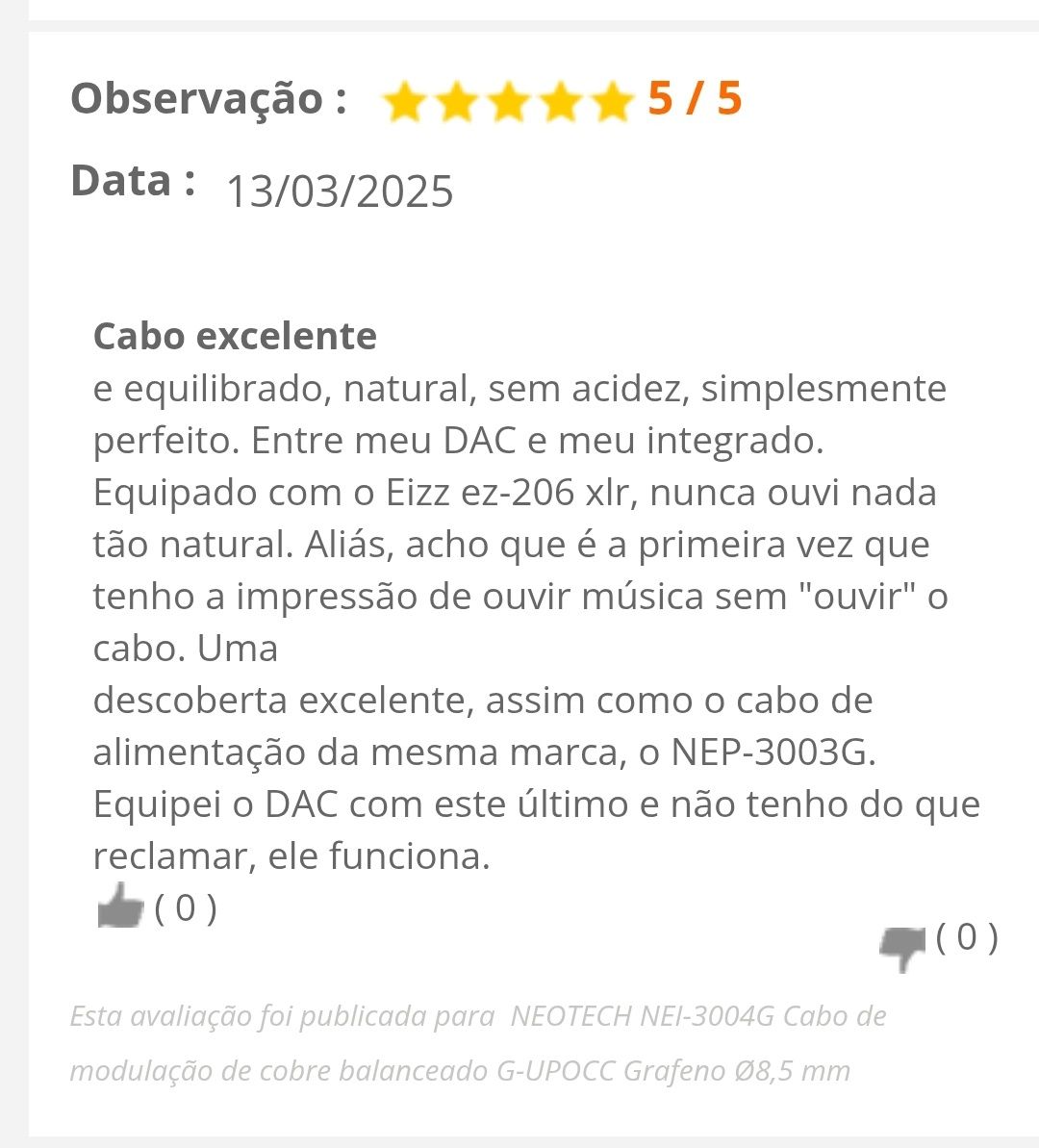 Par de Cabos interligação Neotech Grafeno OCC Hi-End