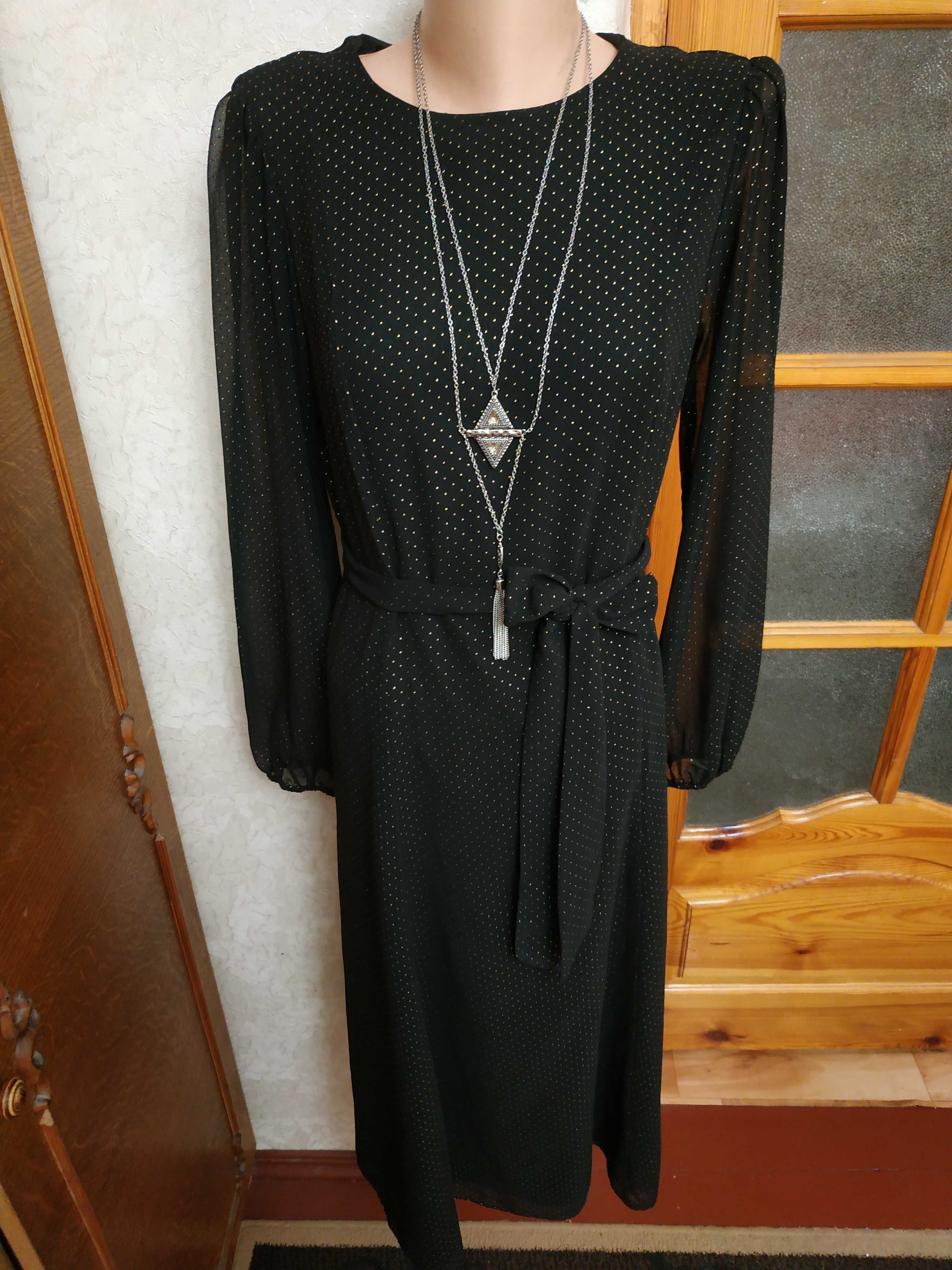Роскошное черное шифоновое платье миди в мелкий золотой горошек 46 р.