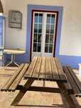 Mesa piquenique de madeira, mesa exterior jardim com bancos corridos