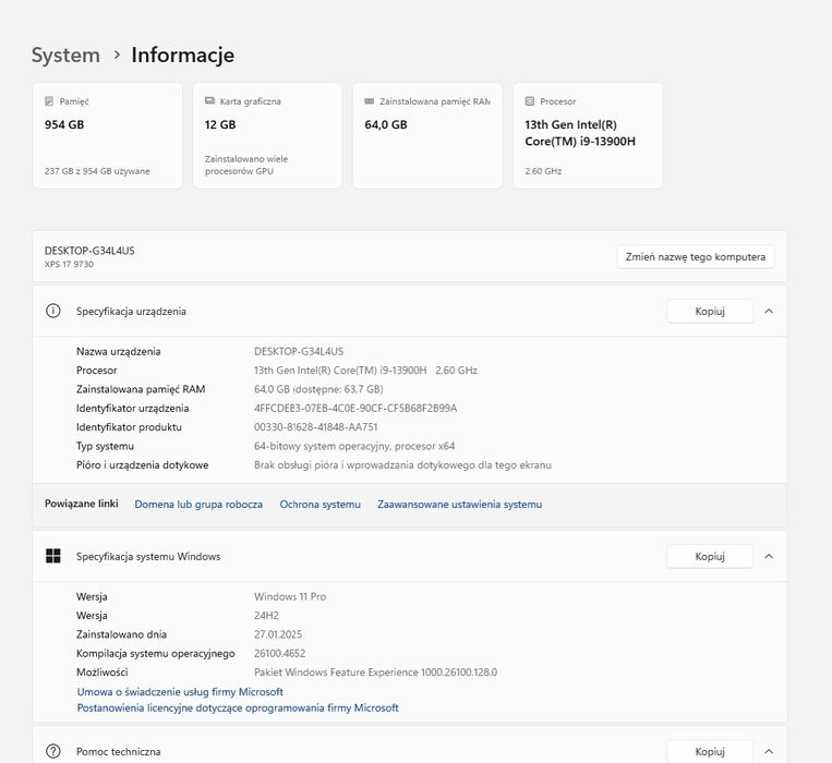 Laptop Dell XPS 17" 9730 i9-13900H/RAM 64GB/ RTX4080