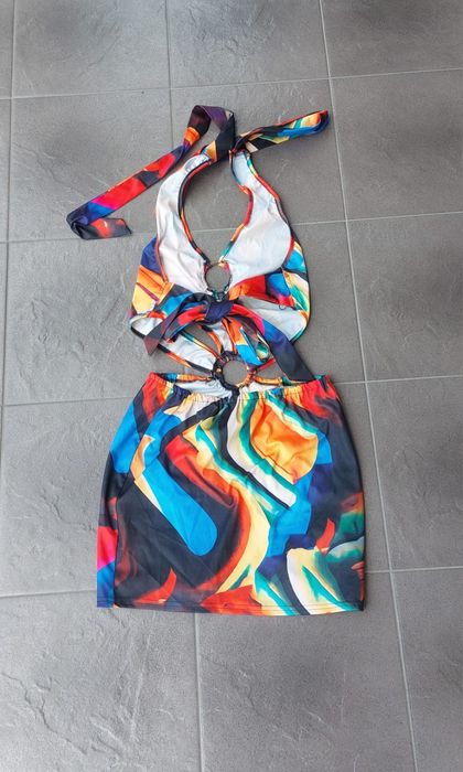 Sukienka mini kolorowa bez pleców wiązana wycięcia boho Nowa M 38