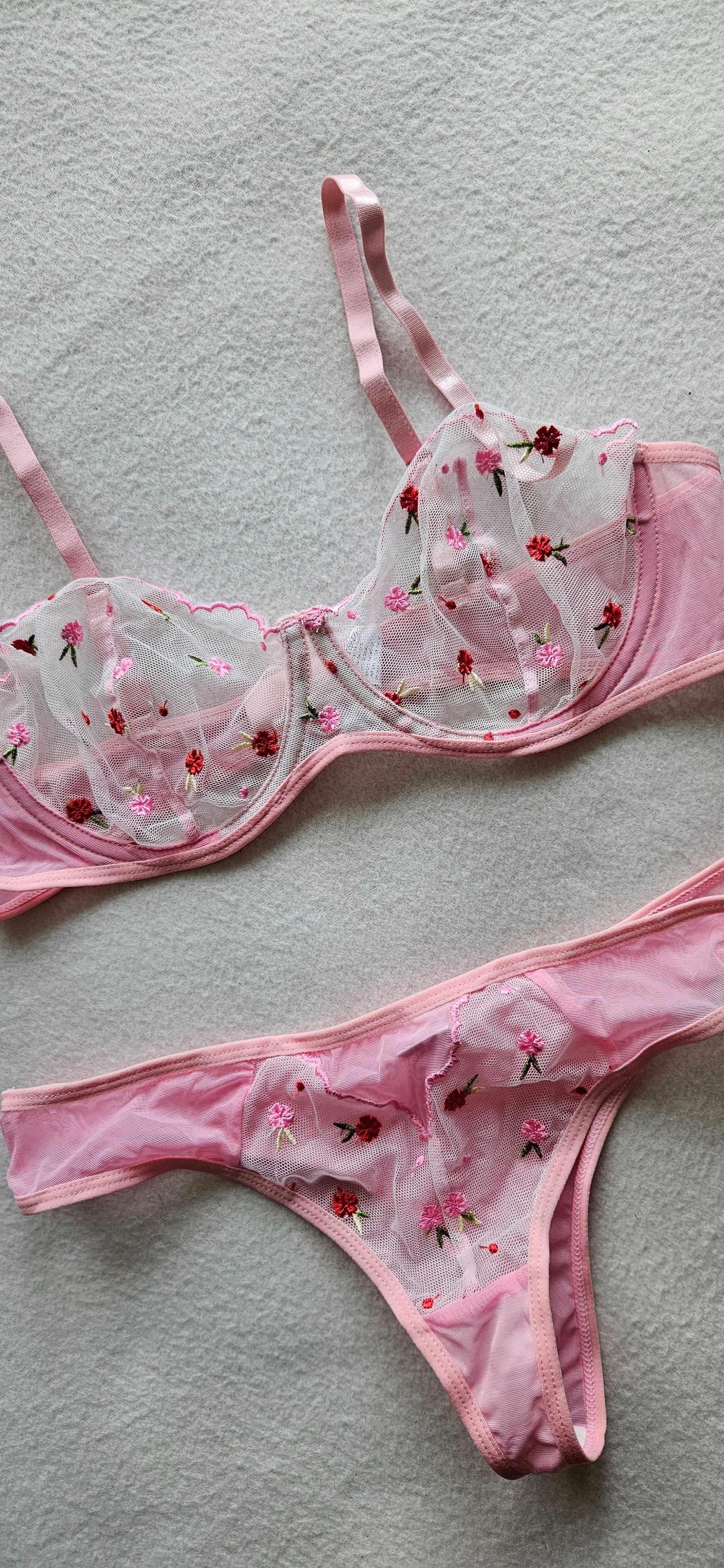 L 40 Różowy seksowny komplet bielizny stanik biustonosz stringi koronk