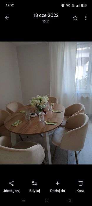 Piękny stolik okrągły drewno biel z możliwością rozłożenia i 6 krzeseł