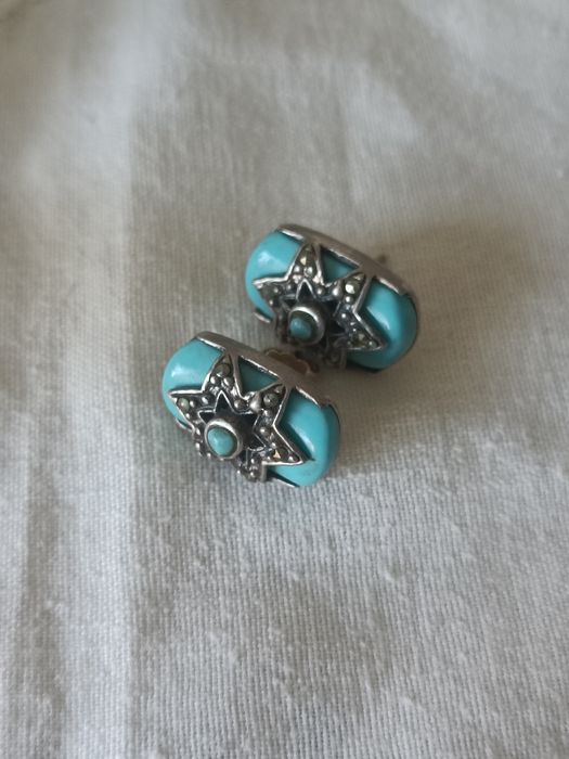 Серьги старинные.Серебро,бирюза, марказиты.Вес 10 грамм