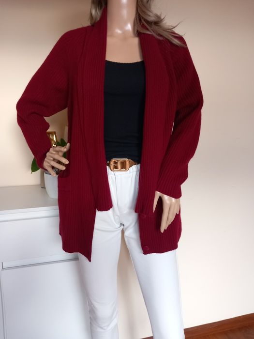 wełniany bordowy/burgundowy sweter kardigan z szalem roz.36/38 90% lam