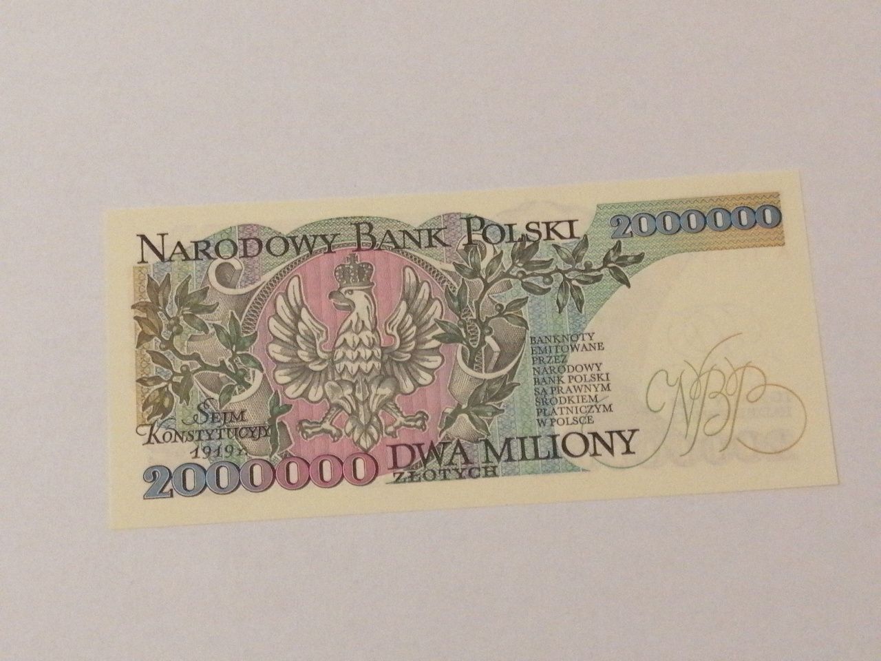 Banknoty 2mln zlotych, 1992r, ser. A, z błędem, UNC