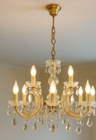 Lustre Clássico Dourado com 8 Braços e Pingentes Tipo Cristal