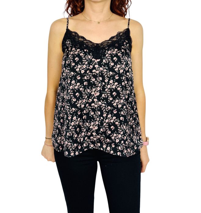 Czarny top w kwiaty z koronką L 40 H&M