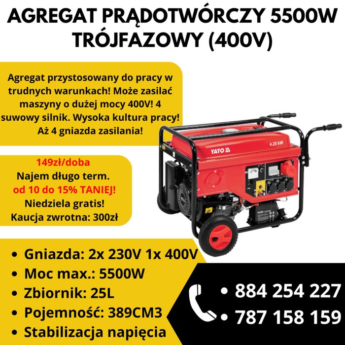 Wynajem agregat trójfazowy 5500W siła + 2x230