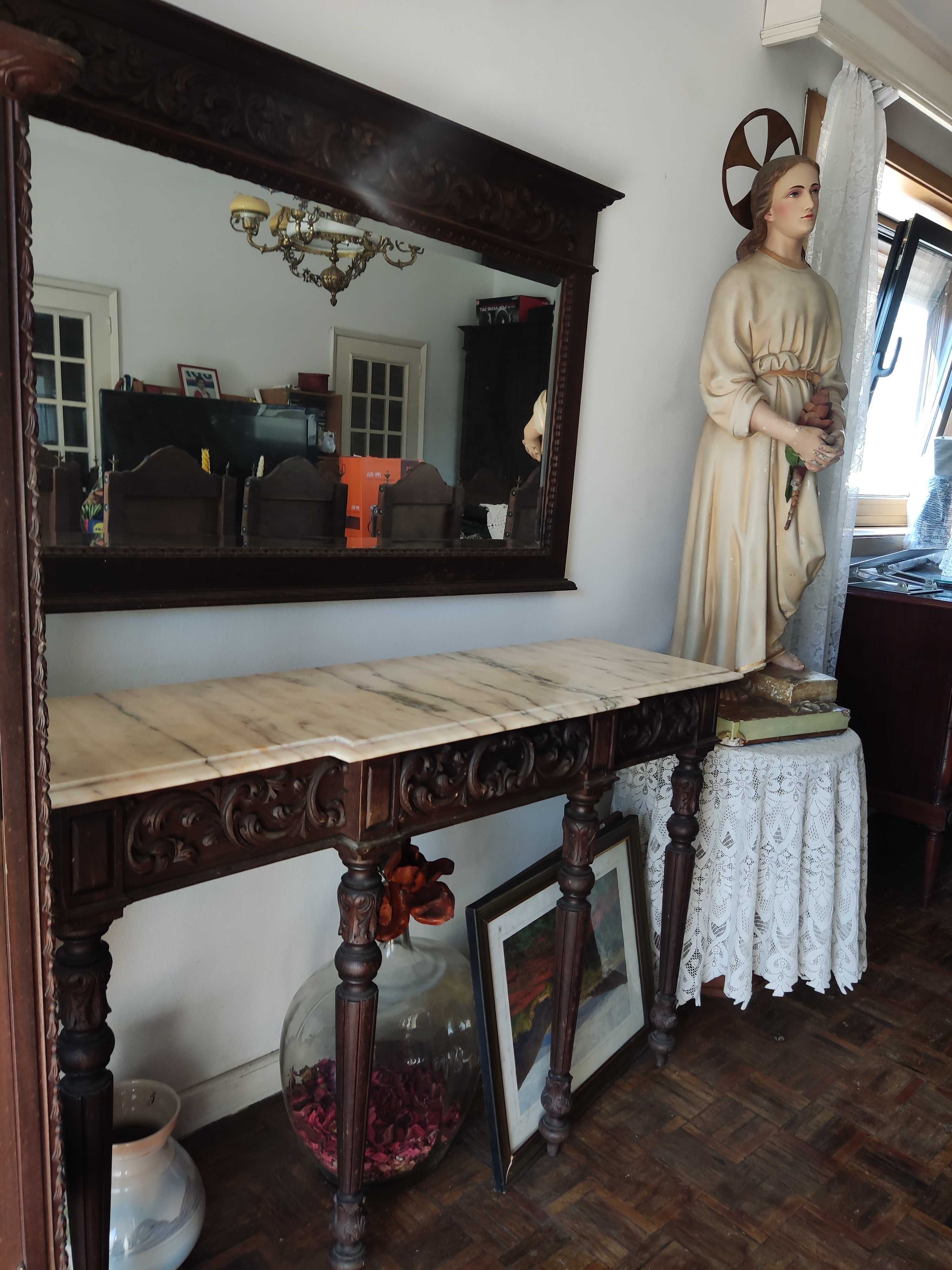 Mesa de apoio/Consola Vintage Luis XV com espelho a condizer