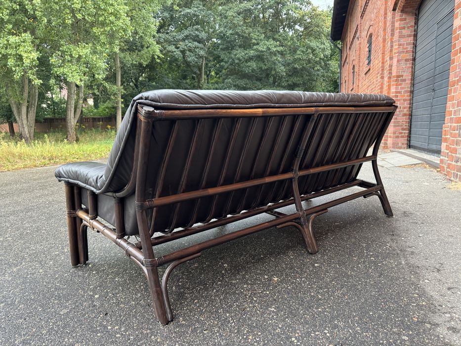 Brutalistyczna skórzana sofa z fotelem,rattanowy stelaż,lata70.vintage