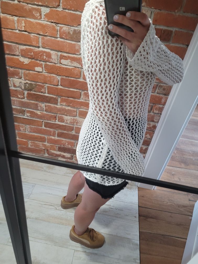 Biały lniany ażurowy sweter boho H&M