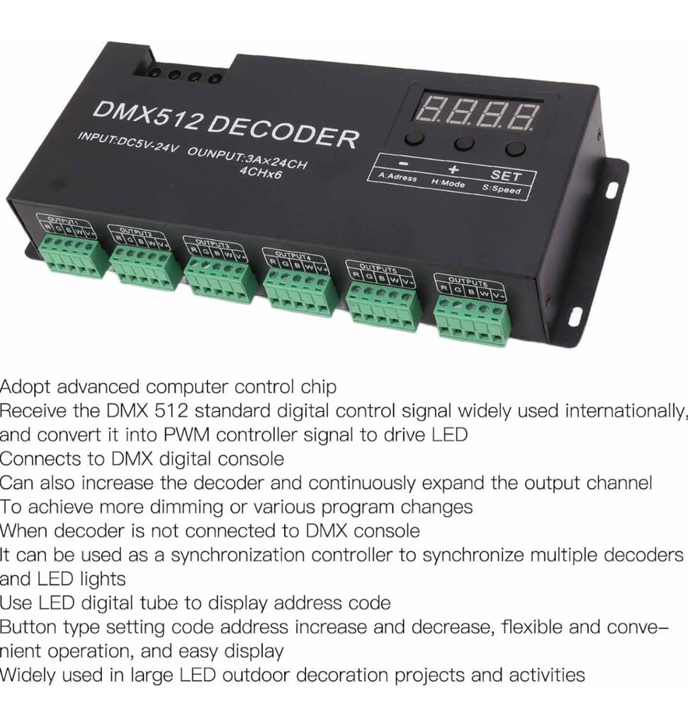 24 kanałowy dekoder DMX, RGBW DMX512 Kontroler Led Decoder