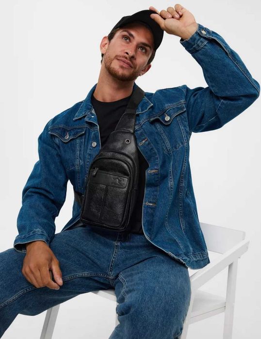 Чоловіча черная кожаная сумка бананка месенджер слінг барсетка 3в1