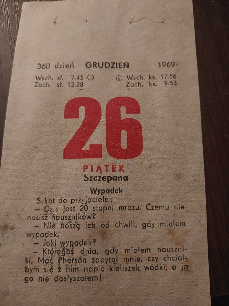 Oryginalna kartka z kalendarza 26.12.1969r