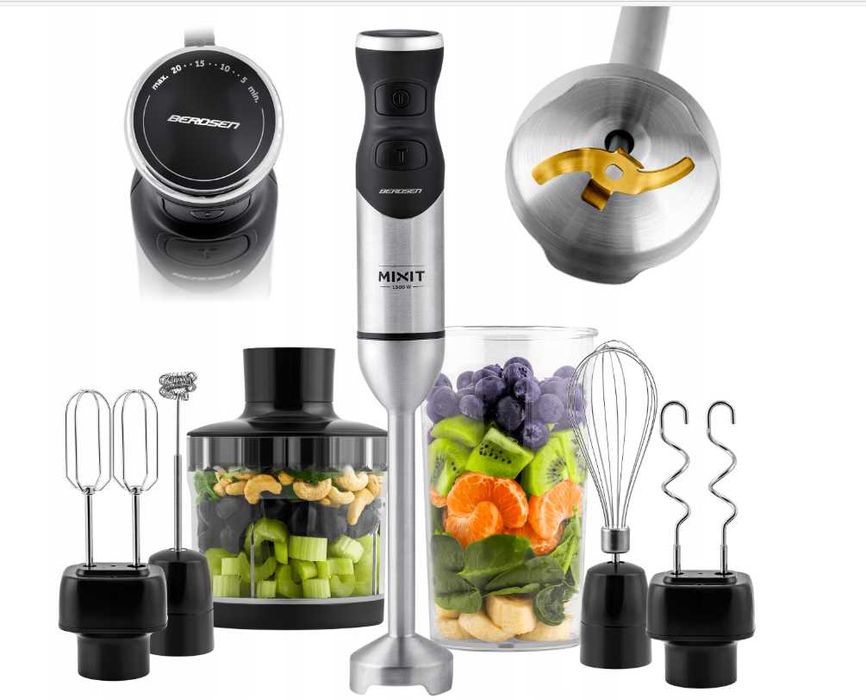 Blender ręczny 1500W czarny Berdsen tytanowe ostrza wielofunkcyjny 6w1