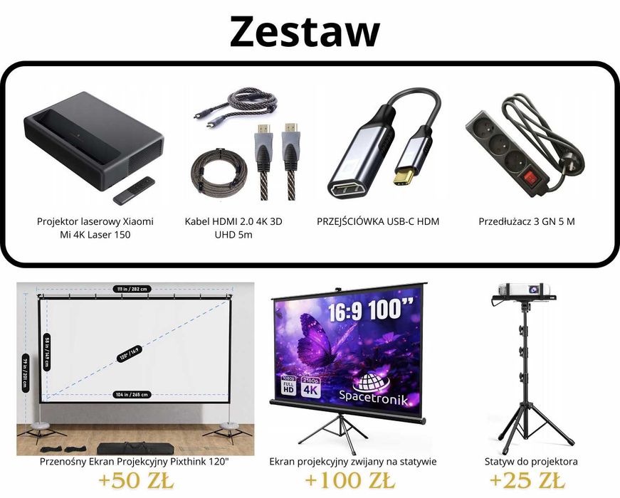 Wynajem Projektora Krótkoogniskowego Xiaomi 4K 150" 24/7 - Bez kaucji!