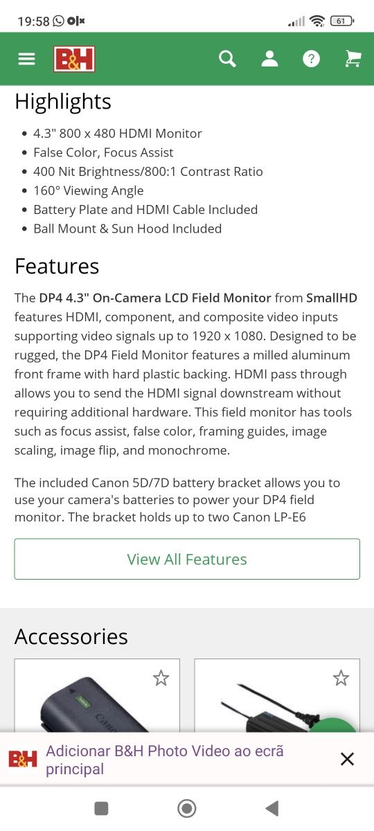 Small HD DP4 4.3"
SmallHD DP4 4.3" On-Camera LCD Field Monitor