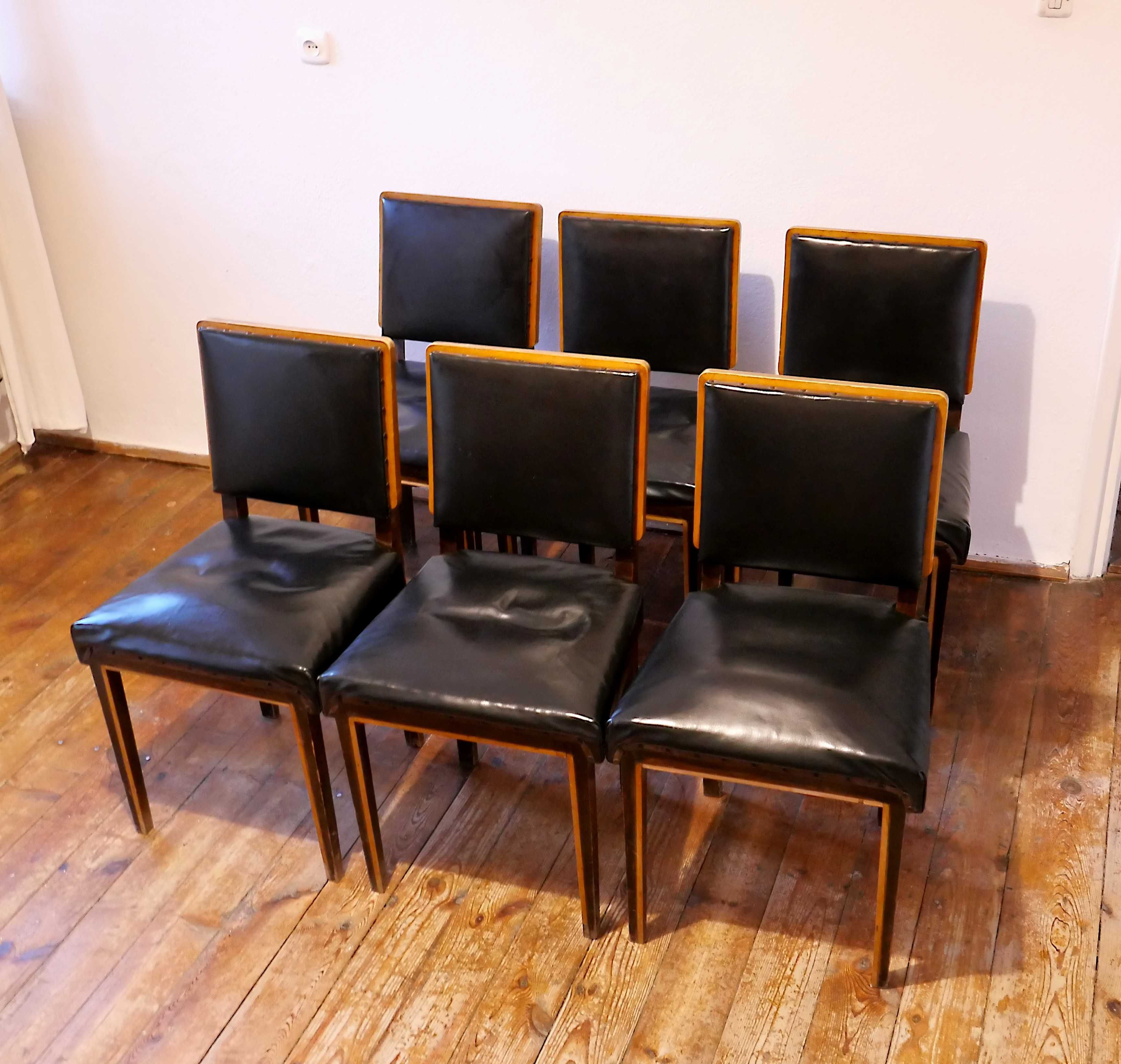 Zabytkowe krzesła drewniane Art deco tapicerka skórzana komplet 6 szt.