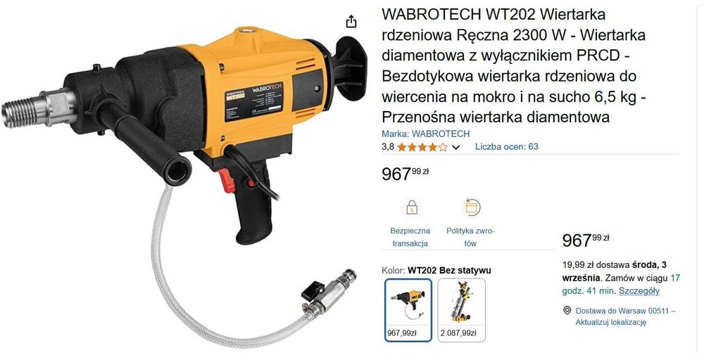 Wiertnica Ręczna Wabrotech WT202 + Głowica 110mm + Zbiornik  2300W