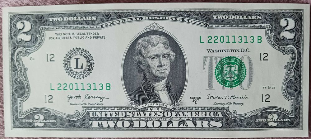 2 $ USA 2017 r. seria A-men. L San Francisco-California-mennicze