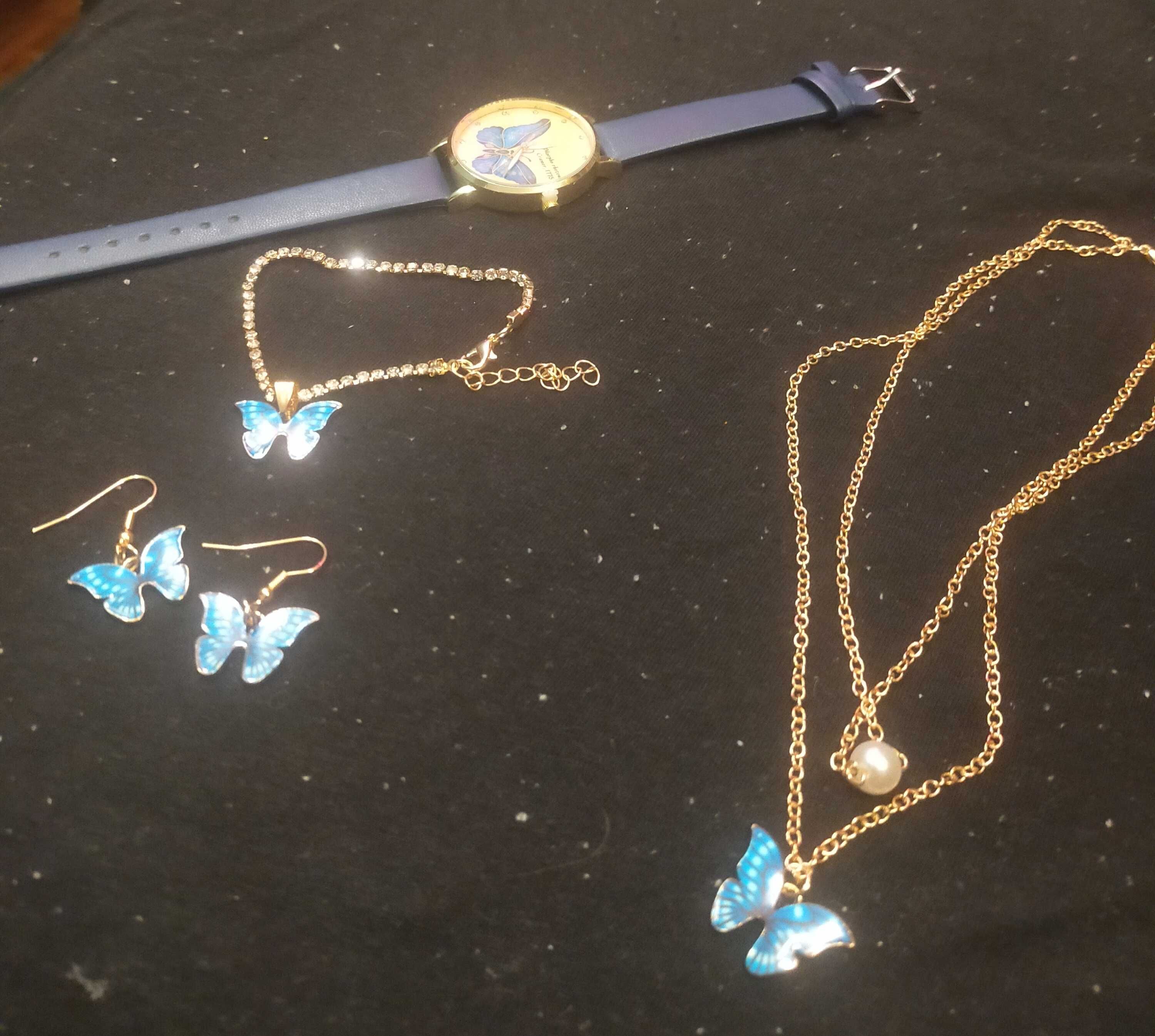 Zestaw prezentowy Złoto niebieski zegarek damski kwarcowy + biżuteria