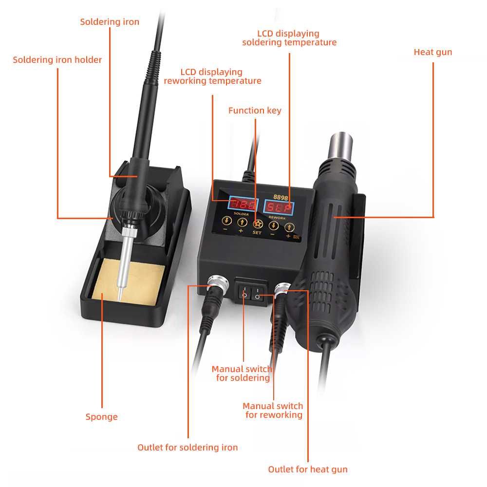 Паяльная станция 8898 600W 2 в 1 фен + паяльник